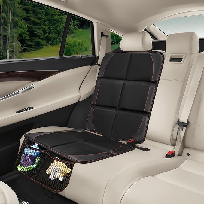 Car Seat Protector 2 Pack Baby Car Seat Covers with Mesh Pockets & Non-Slip Backing 600D Durable Seat Protector Under Baby Car Seat (Black & Red, Large)-BubblyBeeBaby