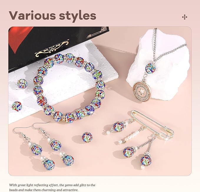 200pcs 10mm Rhinestone Beads for Jewelry Making, White Mixed Shiny Round Disco Ball Beads Bulk, Sparkle Crystal Clay Christmas for Bracelet Baseball Necklace Earring Crafting and DIY-BubblyBeeBaby