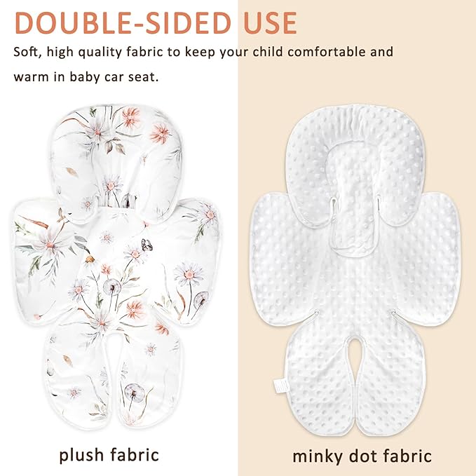 2 in 1 Infant Car Seat Insert, Car Seat Head Support Baby Girls Boys, Soft Newborn Carseat Insert Cushion, Perfect for Carseats, Strollers, Swings (White Flower)-BubblyBeeBaby