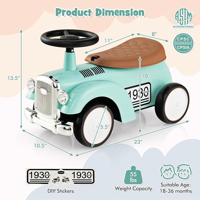 HONEY JOY Ride On Push Car, Outdoor Toddler Riding Toys w/Steering Wheel, Horn & Storage, Foot-to-Floor Sliding Car, No Batteries, Retro Baby Ride On Toys for Boys and Girls (Green)-BubblyBeeBaby