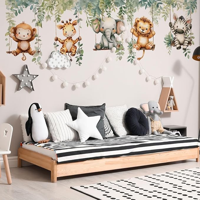 Jungle Animal Wall Decals,Jungle Animals Monkey Elephants, Lions, Zebras, Giraffes Vine Leaves Wall Stickers,Zoo Sticker for Kids Baby Boys Room Nursery Bedroom Playroom Home Decoration.-BubblyBeeBaby