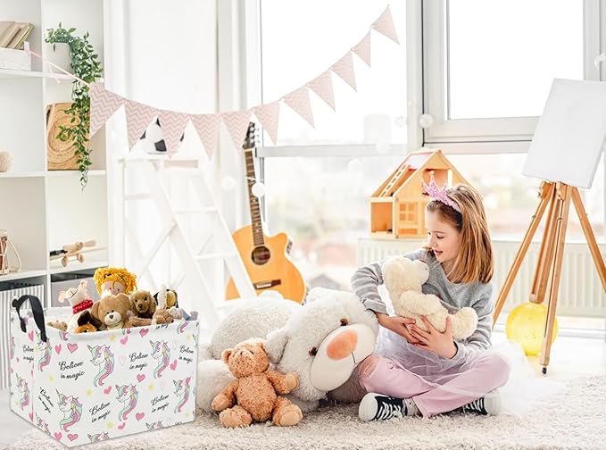 HIYAGON Rectangular Unicorn Basket Gift Baskets Empty Cute Storage Bin with Handles Nursery Room Decor(Unicorn)-BubblyBeeBaby