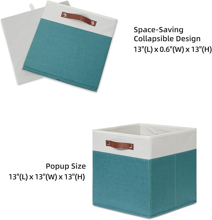 HNZIGE Fabric Storage Bins for Shelves 13x13 Storage Cubes Set Of 4 Foldable Storage Baskets with Handles for Organizing Cloth Closet Toy Nursery(Teal&White)-BubblyBeeBaby