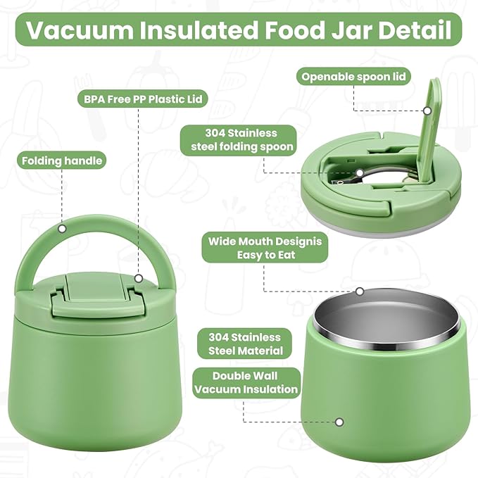 14oz Insulated Vacuum Food Jar with Buckle Lid,Soup Thermo for Hot Food Kids,Wide Mouth Leakproof Stainless Steel Lunch Container with Spoon-Green-BubblyBeeBaby