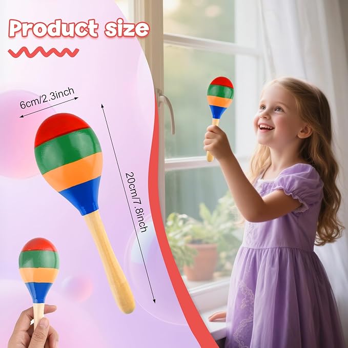 2 Pcs Maracas Hand Percussion Rattles, PLULON Colorful Wooden Maracas Rumba Shakers Rattle Latin Musical Instrument for Kids Adults Game Playing, Mexican Fiesta Cinco De Mayo Party Favors Supplies-BubblyBeeBaby