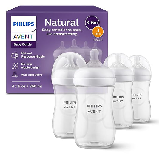 Philips Avent Natural Baby Bottles with Natural Response Nipples (Medium Flow, Flow 3), 9oz, 4-Pack, SCY903/04-BubblyBeeBaby