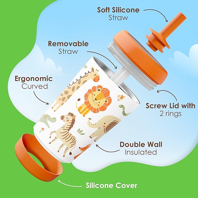 Kid Insulated Stainless Steel Tumbler with Silicone Straw, 12oz Sippy Cup for Kids (Jungle Animals)-BubblyBeeBaby