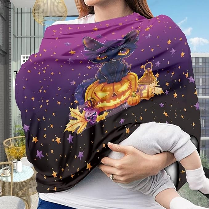 Binienty Black Cat Car Seat Covers for Babies Galaxy Pumpkin Cats Moon Nursing Covers Stretchy Breastfeeding Scarf Multi Use Carseat Covers for Stroller-BubblyBeeBaby