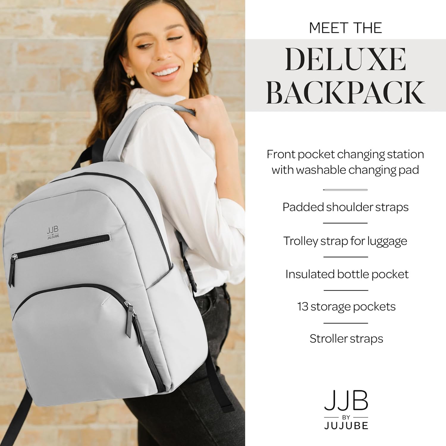 JJB by JuJuBe - New Deluxe Diaper Bag Backpack with Portable Changing Pad, Stroller Straps, Large Travel Backpack for Boy or Girl, Carrying Baby Bottles, Diapers, Pacifiers, Grey, Mother's Day Gift