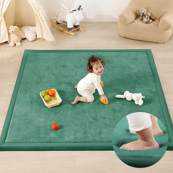 1.3" Thick Baby Play Mat for Floor Playpen, 71x59 Large Foam Tummy Time Mat, Padded Support Soft Plush Nursery Rug for Infant Kids Toddler Crawling Kick Activity (Emerald)-BubblyBeeBaby