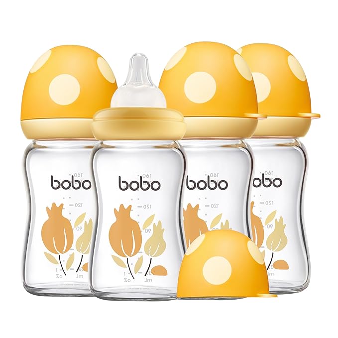 YOHKOH Natural Glass Baby Bottle with Natural Response Nipple, Newborn Anti-Colic Baby Bottles, Wide Neck Mushroom Cap Baby Bottle, Clear (Yellow, (5.4oz (Pack of 4))-BubblyBeeBaby