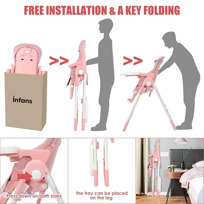 INFANS 4 in 1 High Chair–Booster Seat, Convertible Highchair w/Adjustable Height and Recline,Removable Tray,DetachableCushion, Installation-Free,Simple Fold for Baby, Infant& Toddler (Pink)-BubblyBeeBaby