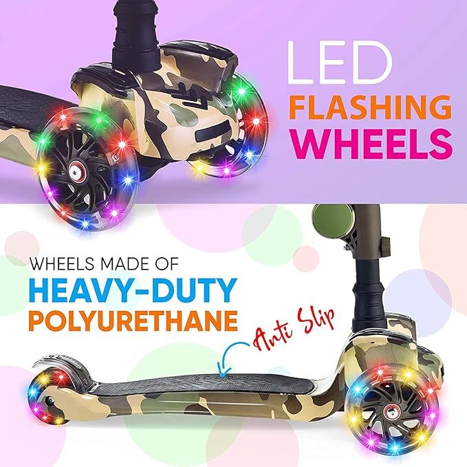 Hurtle 3-Wheeled Scooter for Kids - Wheel LED Lights, Adjustable Lean-to-Steer Handlebar, and Foldable Seat - Sit or Stand Ride with Brake for Boys and Girls Ages 1-14 Years Old-BubblyBeeBaby