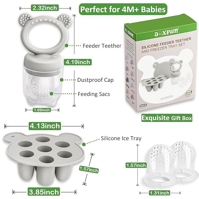 JEXFUN Baby Fruit Food Feeder & Mini Freezer Nibble Tray Combo, Breastmilk Popsicle Molds for Baby Cooling Relief, BPA Free Silicone Feeder for Safe Infant Self Feeding, 4 Month+ (Light Grey)-BubblyBeeBaby