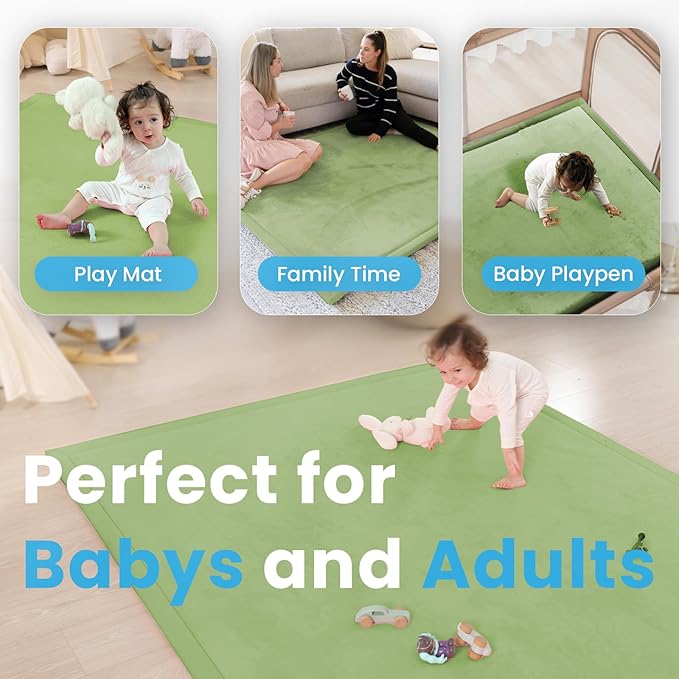 1.3" Thick Baby Play Mat for Floor, 39x59 Foam Tummy Time Mat, Padded Support Soft Plush Nursery Rug for Infant Kids Toddler Crawling Kick Activity (Olive Green)-BubblyBeeBaby