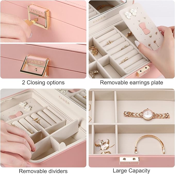 KAMIER Jewelry Boxes for Women, 2 Layers PU Leather Travel Jewelry Box, Large Capacity, Double Lock and Large Mirror, Hidden Necklace Hooks, Removable Dividers, Gift Box Packaging, Pink-BubblyBeeBaby