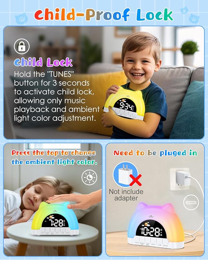 Kids Alarm Clock, OK to Wake Clock for Kids, Cat Clock with 11 Colors Night Light, 10 Soothing Sounds, Child Lock, Dual Alarms, Sleep Training, Birthday Gift for Boy Girls Children-BubblyBeeBaby