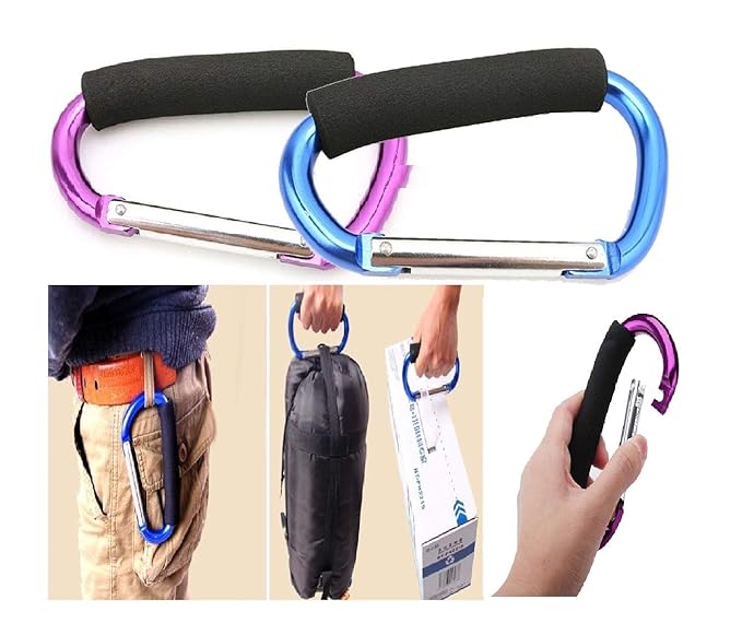 Large Stroller Hooks for Mommy, 2 pcs Carabiner Stroller Hook Organizer for Hanging Purses, Diaper Bag, Shopping Bags. Clip Fits Single/Twin Travel Systems, Car Seats (Blue+Purple)-BubblyBeeBaby