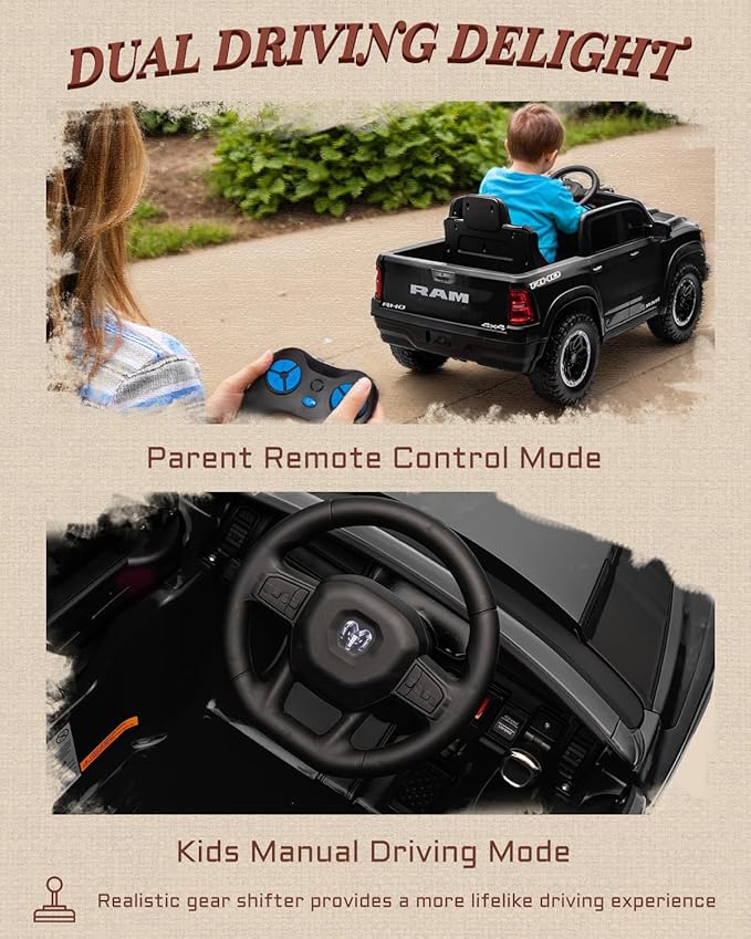 12V Licensed Ram 1500 Ride on Toy for Kids, Toddler Ride on Pickup Truck with Parent Remote Control, Electric Car for Kids with Truck Bed Storage, 3 Point Safety Belt (Black)-BubblyBeeBaby