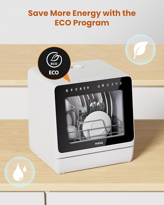 HAVA 2025 NEW Upgraded Countertop Dishwasher with Water Softener and Enhanced Energy Efficiency, Portable Dishwasher with 8 Wash Programs, Child Lock & Delayed Start Function, No Installation Needed-BubblyBeeBaby