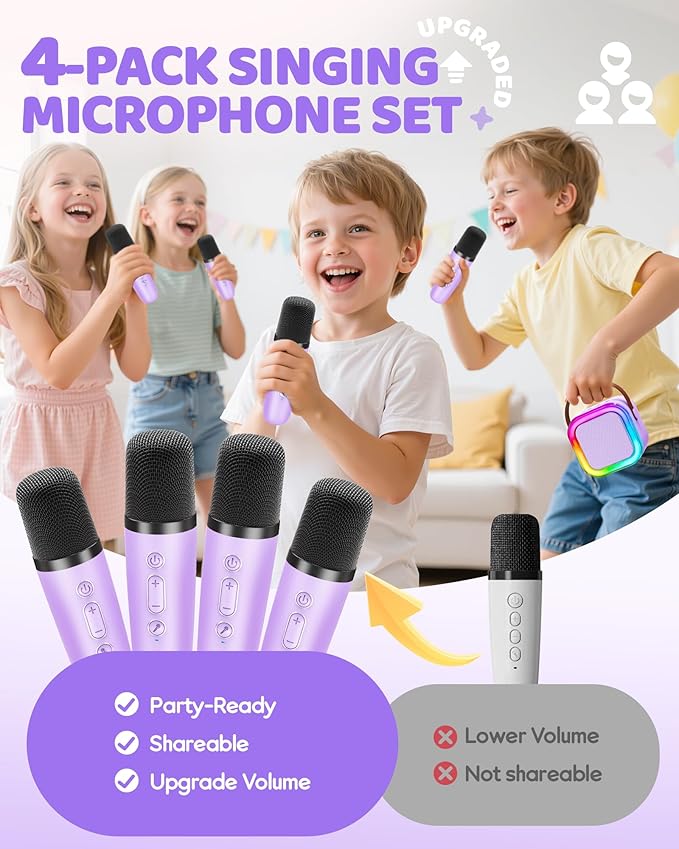 IROO Mini Karaoke Machine for Kids, 2025 TOP Toys Birthday Gifts Ideas for Girls Ages 4, 5, 6, 7, 8, 9, 10, 12+ Years Old, Portable MP3 Player with 4 Wireless Mics for Party-BubblyBeeBaby