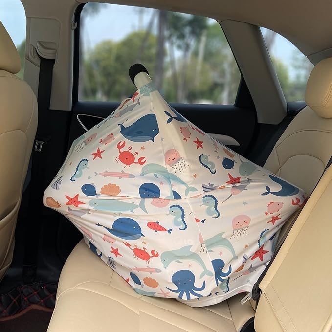 Carseat Cover Boy and Girls - Multi-use Nursing Car Seat Canopy Cover for Breastfeeding, Infant Stroller Cover, High Chair Cover (Cute Fish)-BubblyBeeBaby