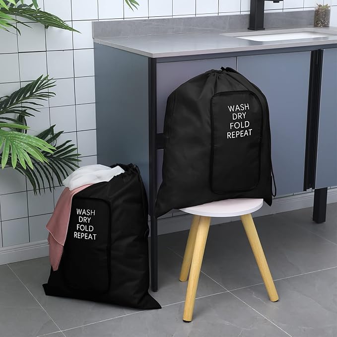 2 Pcs Travel Laundry Bag Washable Dirty Clothes Bag with Drawstring and Zipper for Suitcase, 22 x 18 Inch (Black,Classic)-BubblyBeeBaby