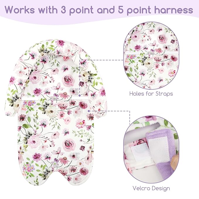 GFU Baby Car Seat Head Support for Newborn, 2 in 1 Infant Car Seat Head Body Support with Strap Pads, Soft Stroller Cushion Pillow Insert for Girls and Boys, Fits for Stroller, Swing, Purple Floral-BubblyBeeBaby