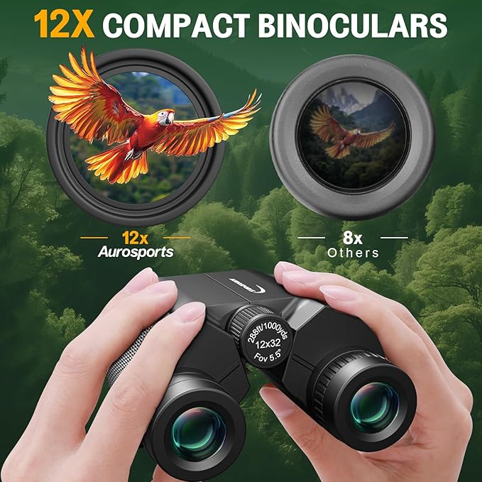12x32 Compact Binoculars for Adults Kids - Aurosports Small Binoculars for Birdwatching - High Power Easy Focus Lightweight Binocular for Traveling Hunting Cruise Ship Hiking-BubblyBeeBaby