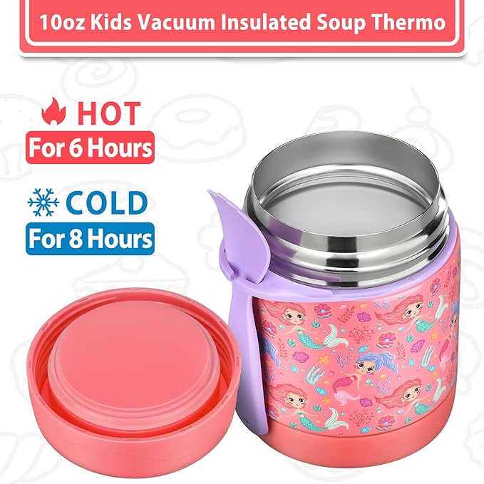 10oz Soup Thermo for Hot Food Kids,Lunch Thermo Kids Food Jar with Spoon Hot Insulated Food Containers,Leak Proof Stainless Steel Wide Mouth Lunch Food Thermo Jar for School(Pink-Mermaid)-BubblyBeeBaby