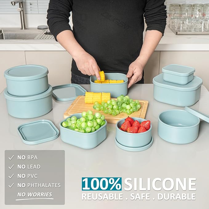 100% Silicone Food Storage Containers with Lids, 8 Pack, 10oz to 51oz, Reusable Leakproof Nesting & Stackable Silicone Bento Lunch Box, Microwave Freezer Dishwasher Oven Safe, BPA Free, Slate Green-BubblyBeeBaby