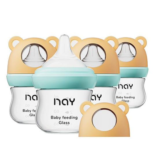 Natural Glass Baby Bottle for Breastfeeding Babies, 3oz Newborn Anti-Colic Baby Bottle with Slow Flow Nipples (SS), Clear, Wide Neck, 4 Pack, 0 Months+-BubblyBeeBaby