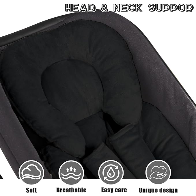 Infant Car Seat Insert Head and Body Support, GFU Reversible Newborn Insert for Carseat with Strap Pads, Soft Stroller Cushion Pillow Insert for Boys and Girls, Fits for Stroller, Swing, Black-BubblyBeeBaby