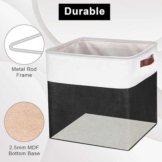 13x13 Cube Storage Bins, Collapsible Fabric Storage Box, 4 Pack Closet Baskets with Handles for Organizing, Shelf, Toys, Clothes, Home, Office, Nursery (Black&White)-BubblyBeeBaby