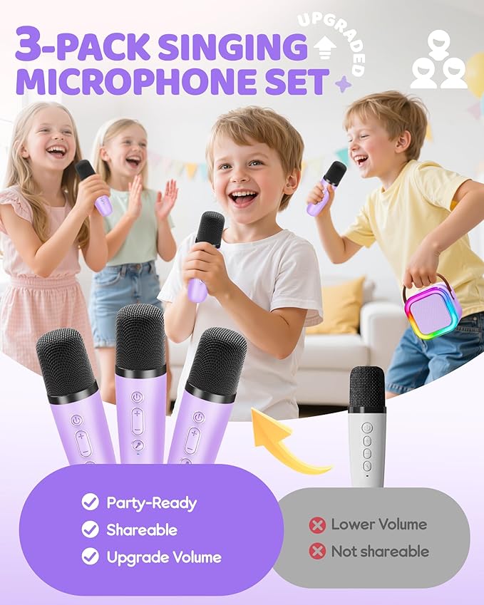 IROO Mini Karaoke Machine for Kids, 2025 TOP Toys Birthday Gifts Ideas for Girls Ages 4, 5, 6, 7, 8, 9, 10, 12+ Years Old, Portable MP3 Player with 3 Wireless Mics for Party-BubblyBeeBaby