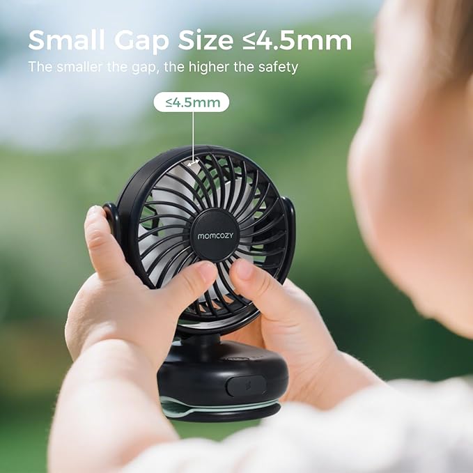 Momcozy Portable Fan with Clip | 4-Speed Mini-Fan for Carrier | Personal Fans Ultra Lighter 0.26lb | Gaps ≤4.5mm | Handheld Cooling | Rechargeable Rotate for Diaper Backpack/Stroller/Carrier/Chair-BubblyBeeBaby