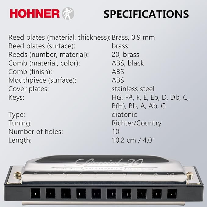 Hohner Special 20 Harmonica - Key of C Bundle with Zip Case, Instructional Manual, and Austin Bazaar Polishing Cloth-BubblyBeeBaby