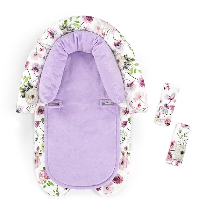 GFU Baby Car Seat Head Support for Newborn, 2 in 1 Infant Car Seat Head Body Support with Strap Pads, Soft Stroller Cushion Pillow Insert for Girls and Boys, Fits for Stroller, Swing, Purple Floral-BubblyBeeBaby