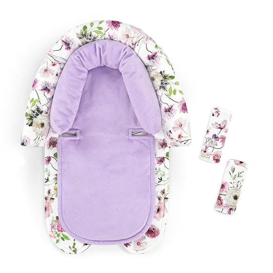 GFU Baby Car Seat Head Support for Newborn, 2 in 1 Infant Car Seat Head Body Support with Strap Pads, Soft Stroller Cushion Pillow Insert for Girls and Boys, Fits for Stroller, Swing, Purple Floral-BubblyBeeBaby