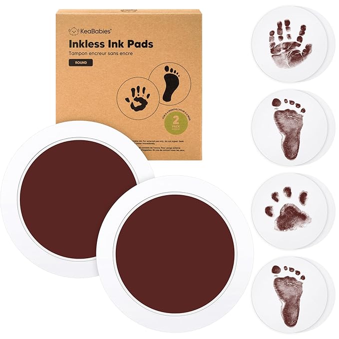 2-Pack Round Inkless Baby Hand and Footprint Kit - Mess Free Ink Pad for Newborn Keepsake, Dog Nose & Paw Print Kit, Clean Touch Ink Pad for Baby Hand & Footprints, Ideal New Mom Gifts (Auburn)-BubblyBeeBaby