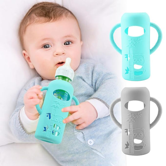 2 Pack Silicone Sleeves for Dr. Brown's Glass Baby Bottles, Anti Breakage Durable Baby Bottle Holder with Easy Grip Handles, Narrow Sleeve with a Cutout, Dishwasher/Freezer/Microwave Safe, 8 oz-BubblyBeeBaby