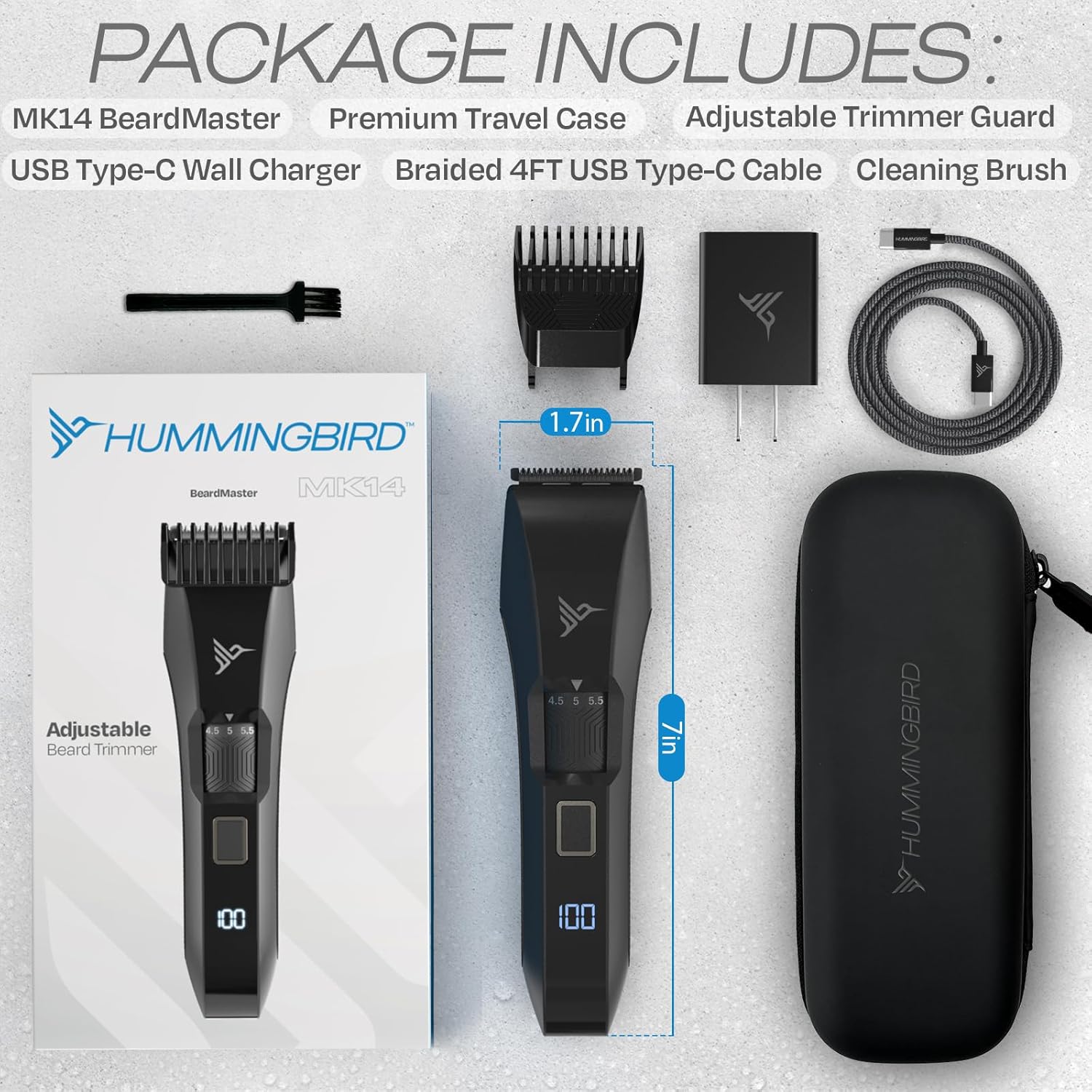 HUMMINGBIRD MK14 BeardMaster – Premium Beard Trimmer for Men, Precision Dial, Adjustable 20 Length Settings, Stainless Steel T-Blade, Cordless USB-C Rechargeable, Waterproof, LED Display, Travel Case