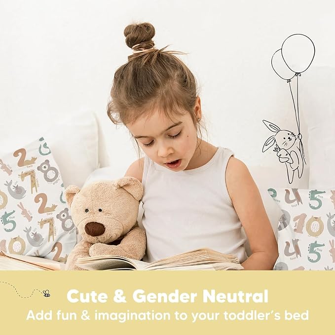 KeaBabies Toddler Pillow with Pillowcase, Jumbo 14X20 - Soft Organic Cotton Toddler Pillows for Sleeping - Machine Washable - Perfect for Travel, Toddler Bed Set (Wild Count)-BubblyBeeBaby