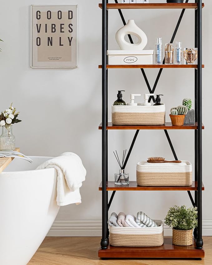 KALLAX Small Woven Basket, 12 x 8 x 4.5 Inches, Storage Basket for Organizing, Cute Small Rope Shelf Closet Cube Storage Bins Baskets for Shelves, Dog Toy Gift Baskets Empty, 3 Pack White & Brown-BubblyBeeBaby