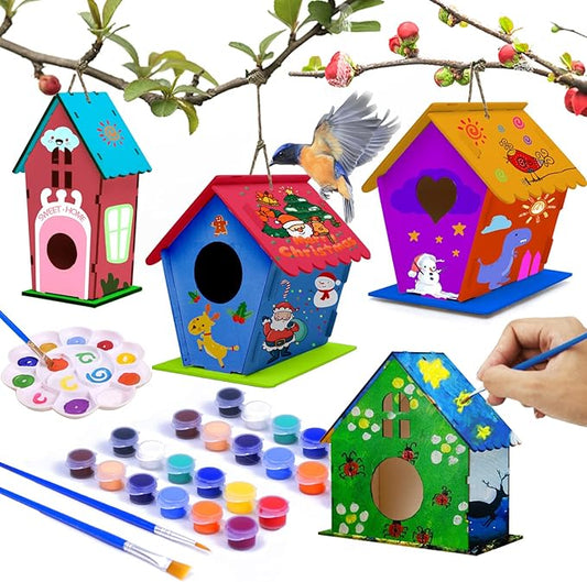 hapray 4 Pack Bird House Crafts for Kids Ages 5-8 8-12, Buildable DIY Birdhouse Kit for Children to Build, 3+ Summer Arts and Craft Projects with Paint, Boy Girl Gift Christmas-BubblyBeeBaby