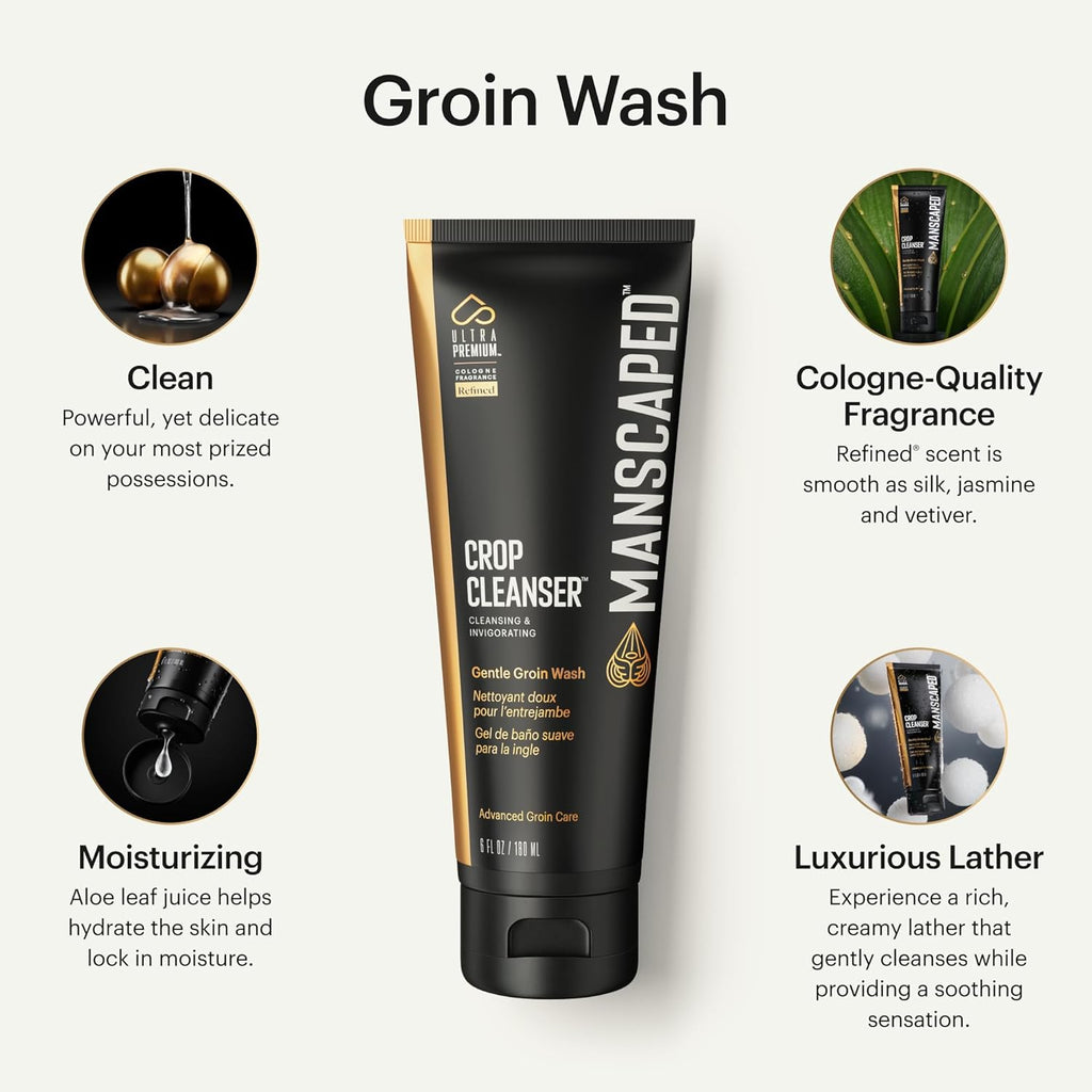 MANSCAPED® Grooming Essentials 3.0 Plus Routine with The Lawn Mower® 3.0 Plus Men's Groin Hair Trimmer, Crop Preserver® Ball Deodorant, Crop Cleanser®, Crop Soother™ Aftershave, Shed 2.0 Toiletry Bag