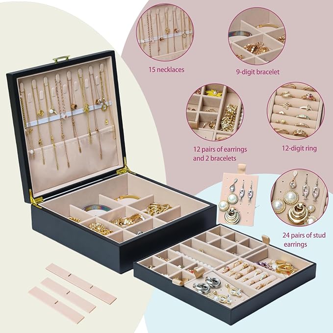 2-layer jewelry box，Jewelry Organizer with Handle，with hanging necklace hooks, detachable jewelry trays, suitable for storing a large amount of jewelry gift box (Large-Black)-BubblyBeeBaby