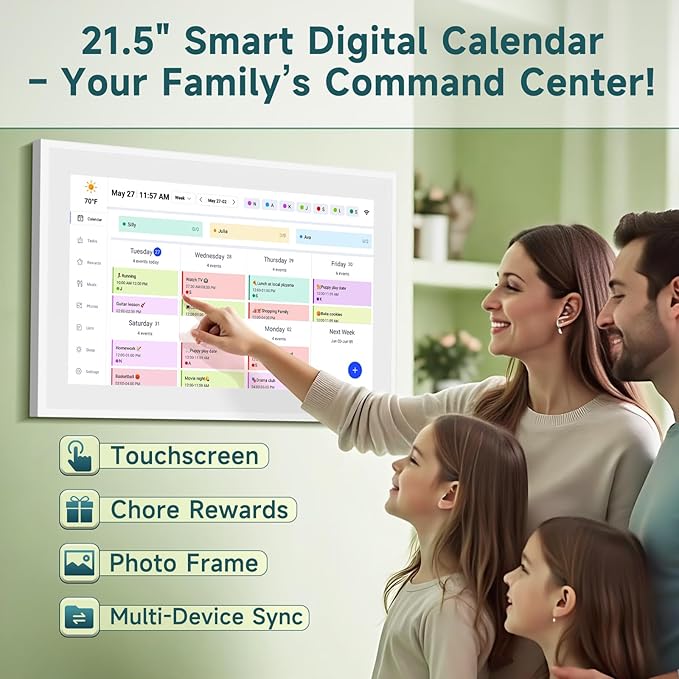 21.5 Inch Smart Digital Calendar – Electronic Chore Chart & Planner with 1920x1080P IPS Touchscreen, Weekly/Monthly Family Organizer for Wall or Desk, White 2025 New Version-BubblyBeeBaby