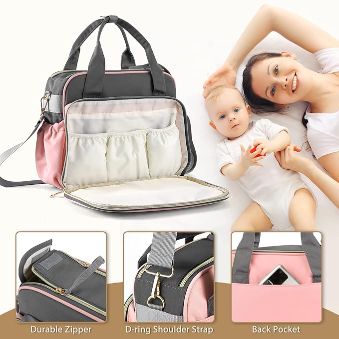 Crossbody Small Diaper Bag, Cute Mini Baby Diaper Tote Bags with Insulated Pockets for Traveling Outdoor Parent, Pink & Gray-BubblyBeeBaby