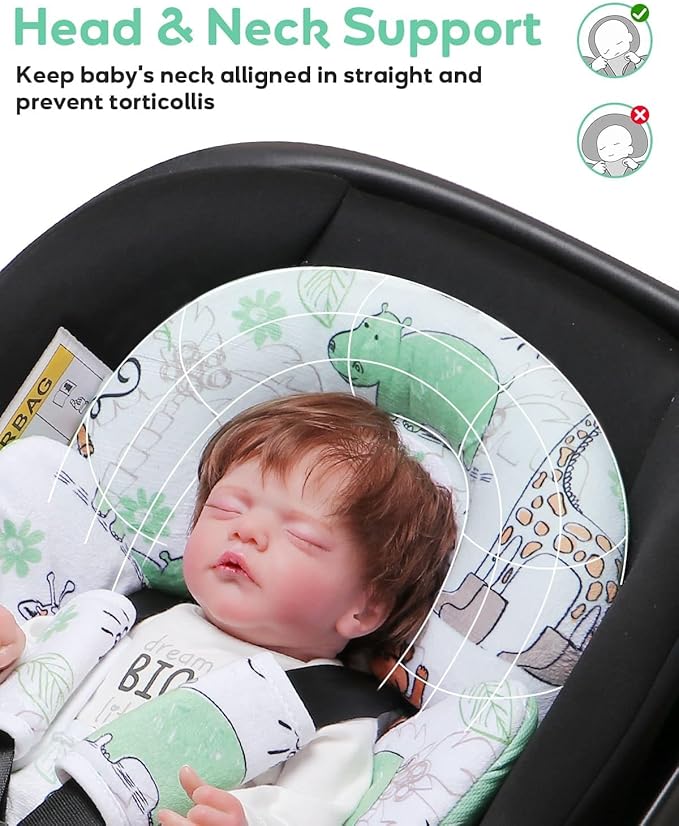 Infant Car Seat Insert, Enlarged Head Support for Baby Carseat, Reversible Newborn Insert with 3 Strap Covers, 2-in-1 Baby Car Seat Cushion for Stroller, Swing, Bouncer, Rocker - Blue Giraffe-BubblyBeeBaby